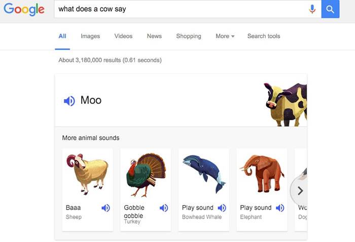 Google隐藏的新功能：只要输入animal noises、animal sounds就能听到动物叫声